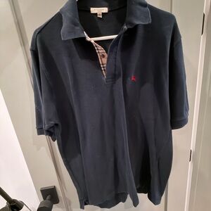 Burberry Navy Polo with Signature Check Placket and Red Emblem